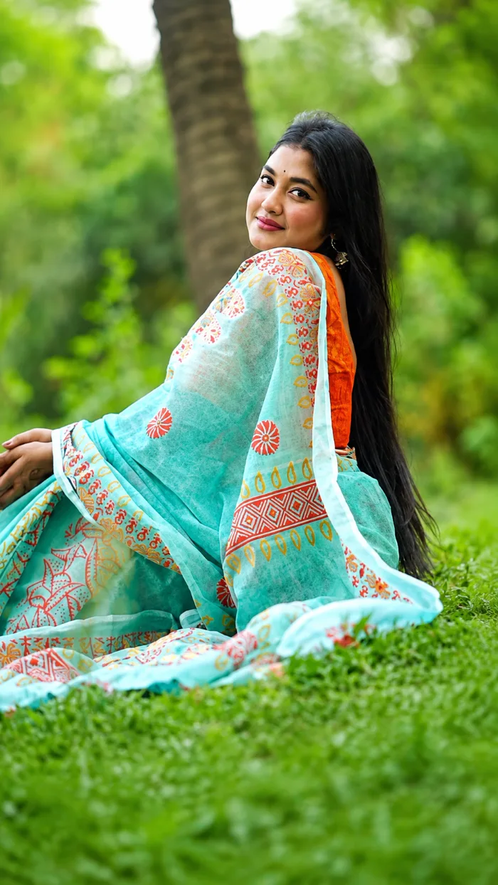Premium Sky Blue Soft Cotton Hand Embroidered Saree