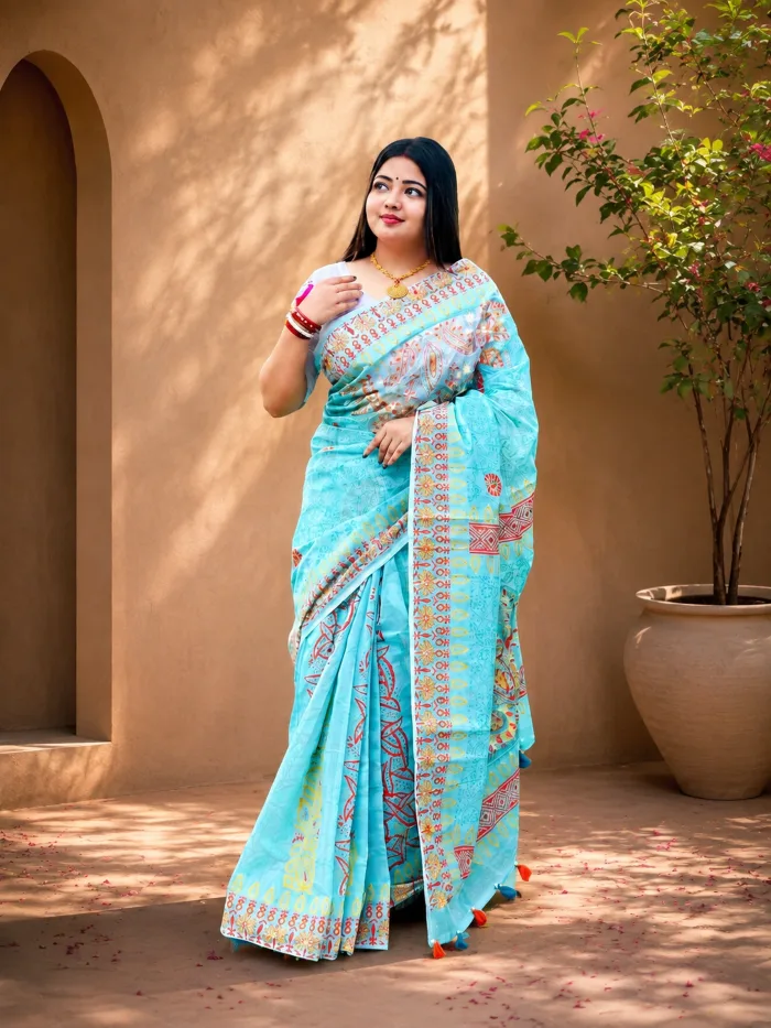 Premium Sky Blue Soft Cotton Hand Embroidered Saree
