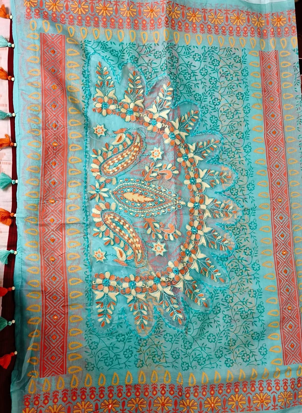 Premium Sky Blue Soft Cotton Hand Embroidered Saree